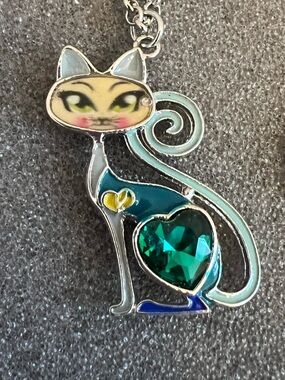 Bonsny Multi-Enamel & Green Crystal Cat Necklace